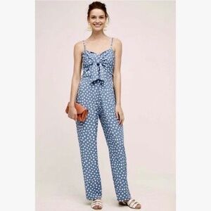 Anthropologie WHIT TWO Knotted Dots Blue White Polka Dot Jumpsuit 4P 4 Petite